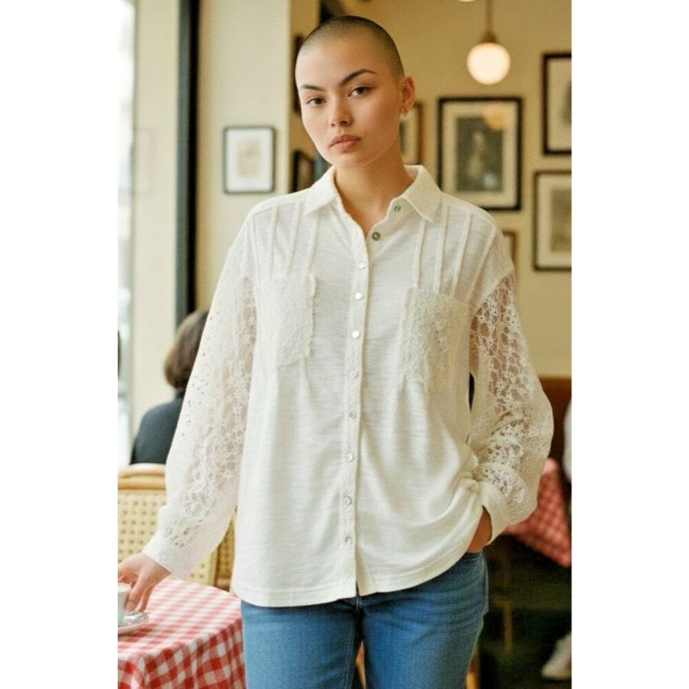 POL womens NWOT oversize boho lace long sleeve buttoned blouse Small cottagecore